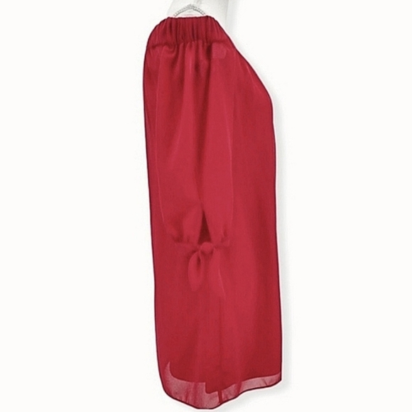 BCX Wmns Y2K Solid Red Sheer 3/4 Bowtie Sleeve Cold Shoulder Shift Dress SzM NWT - Picture 7 of 12
